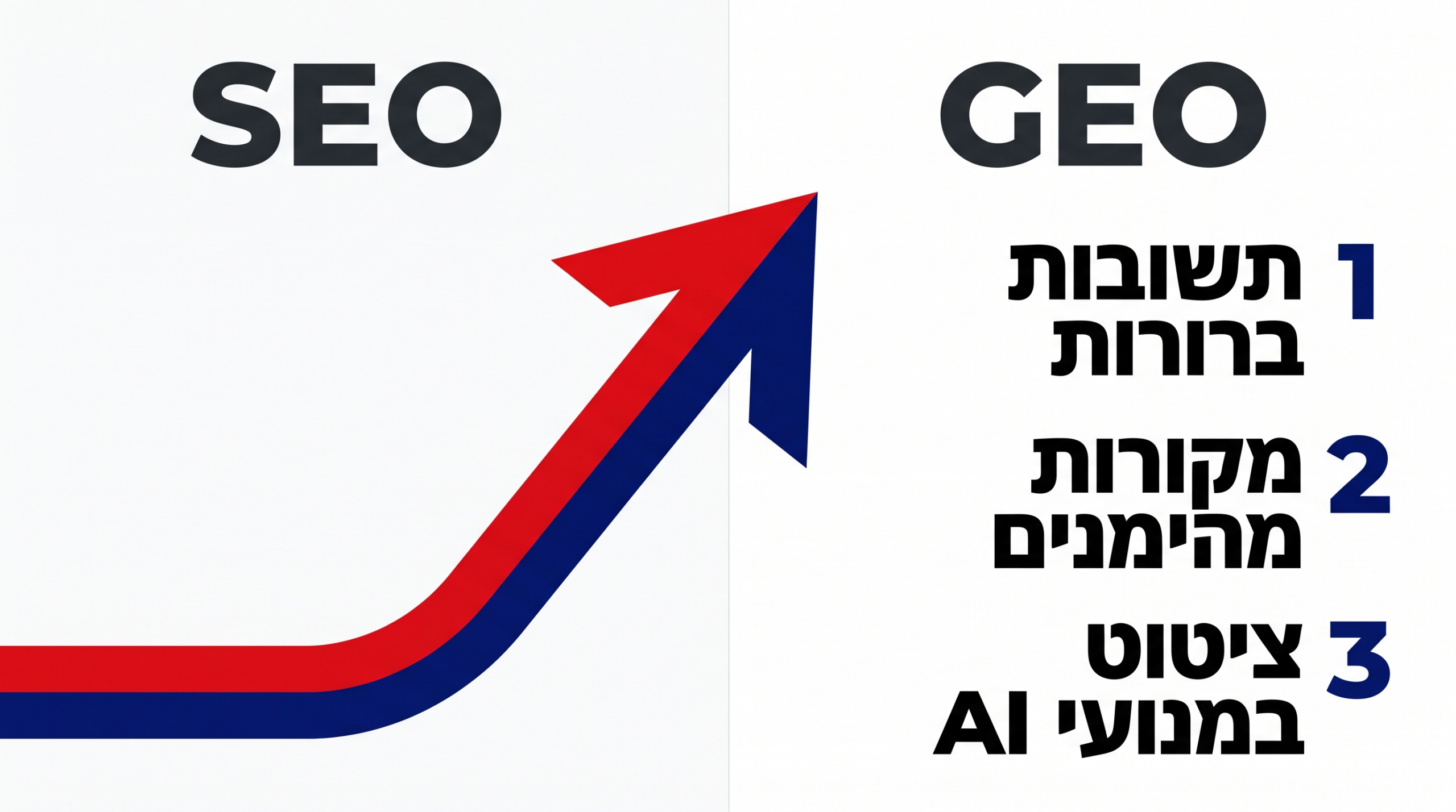אינפוגרפיקה שמשווה SEO ל-GEO: תשובות ברורות, מקורות מהימנים וציטוט במנועי AI